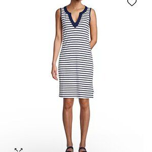 Lands' End Cotton Jersey Sleeveless Striped Nautical Dress Deep Sea Stripe New
